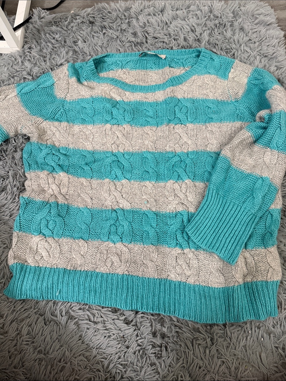 LOFT Turquoise and Light Gray Striped Cable-Knit Crewneck Sweater